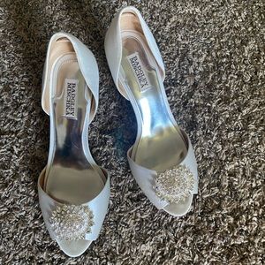 Badgley Mischka Lacie white satin rhinestone pumps